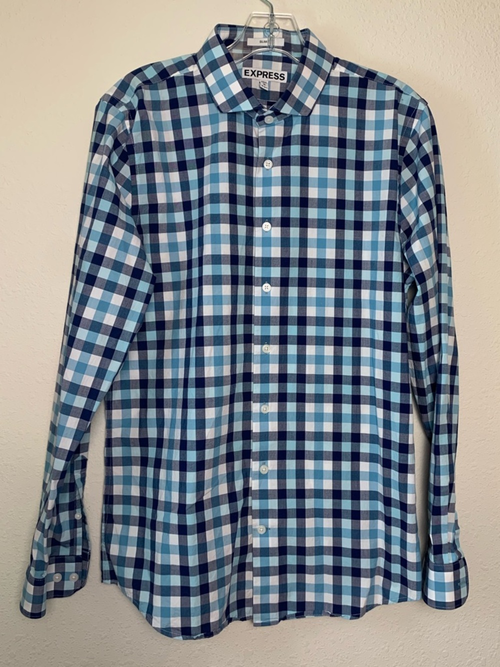 Express Mens Slim Fit Gingham Button Down Shirt Blue White Cotton Size M 15-15.5